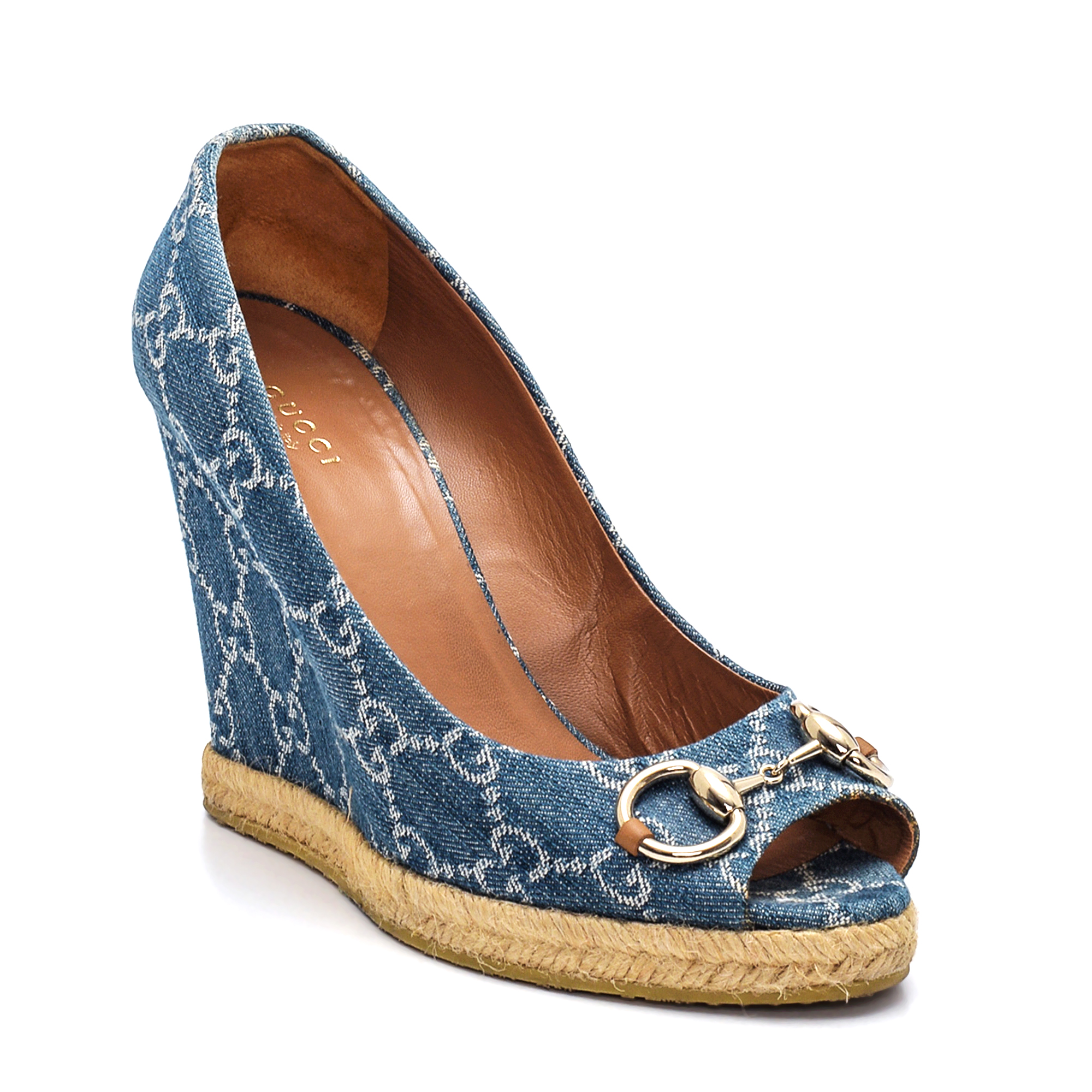 Gucci - Blue GG Denim Charlotte Horsebit Wedge Pumps